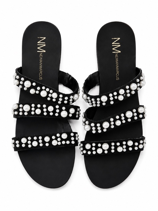 Neiman Marcus Shoes - Neiman Marcus black flat sandals multiple straps embellished with white pearls
